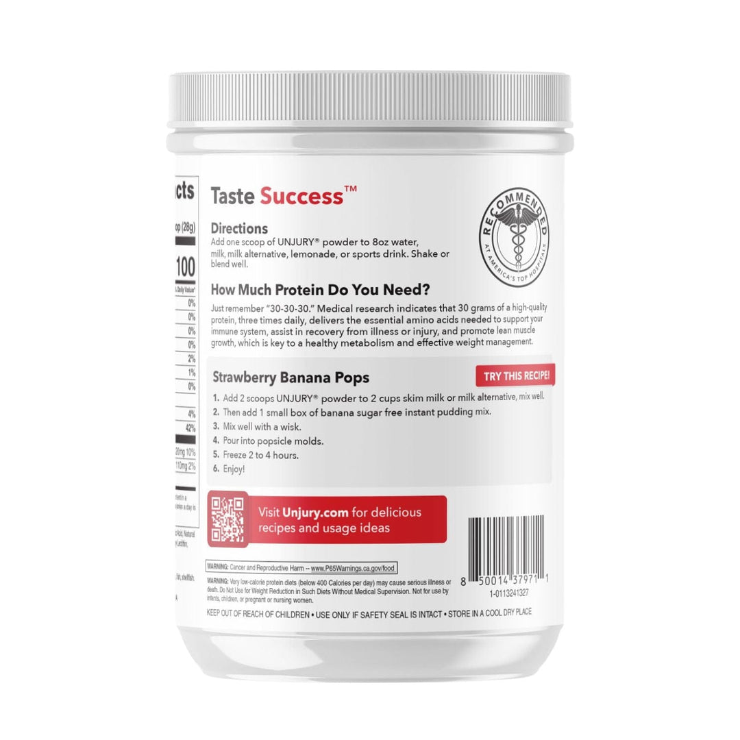 Unjury Strawberry High Whey Protein Powder side of container with recipe and UPC.