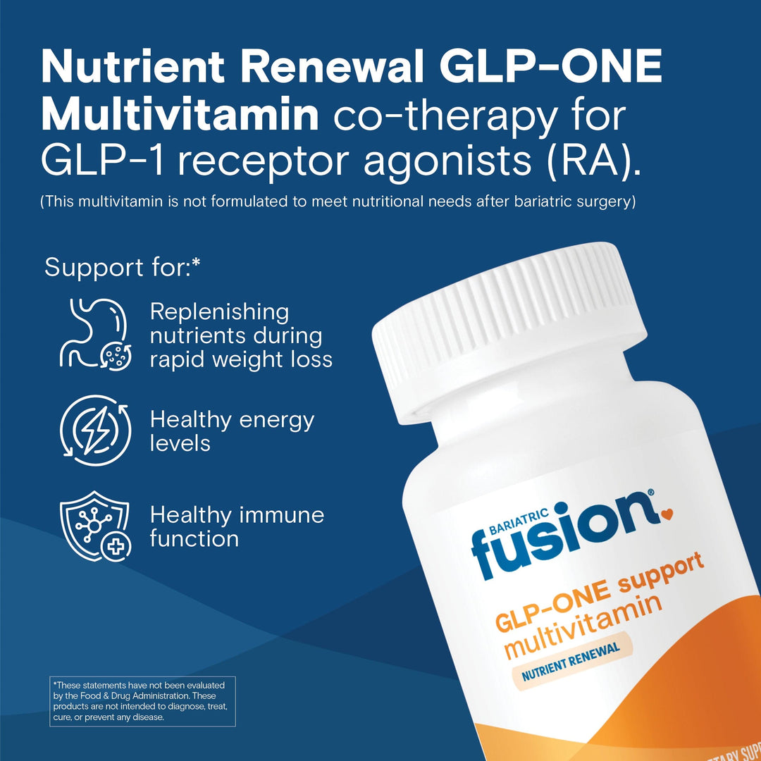 Bariatric Fusion GLP-ONE Support Multivitamin provides nutrient renewal for individuals experiencing rapid weight loss. 