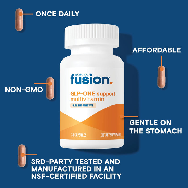 Bariatric Fusion GLP-ONE Support Multivitamin is once daily, affordable, non-gmo, third-party tested, and gentle on the stomach.
