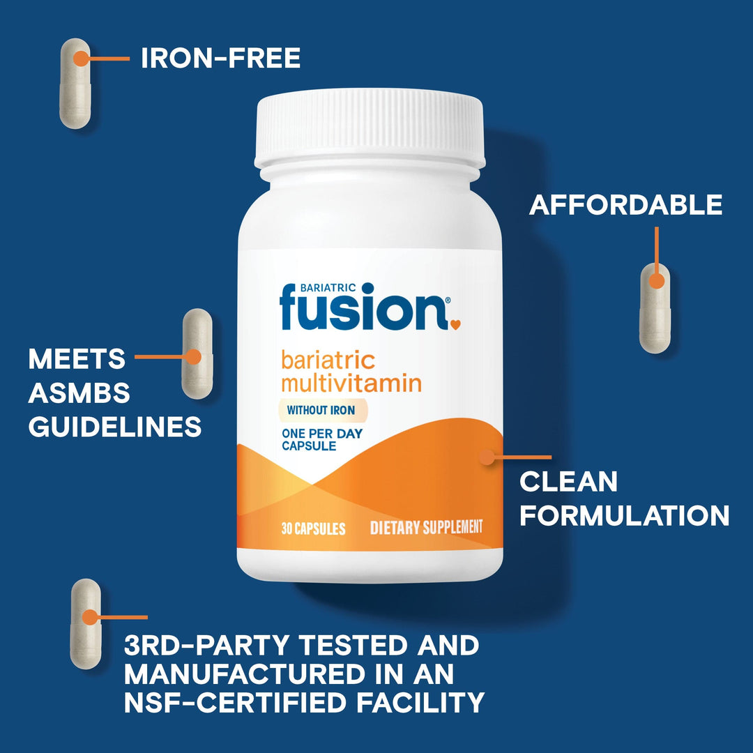 Bariatric Fusion One Per Day Bariatric Multivitamin Capsule Without Iron is affordable, a clean formulation, meets ASMBS guidelines, is iron-free, and is third-party tested. 