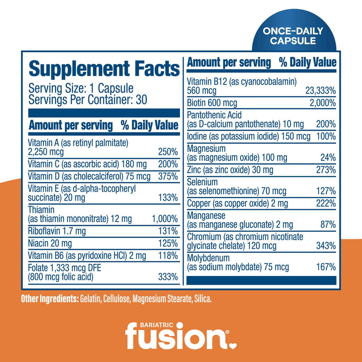 Bariatric Fusion One Per Day Bariatric Multivitamin Capsule Without Iron 30 capsules supplement facts.