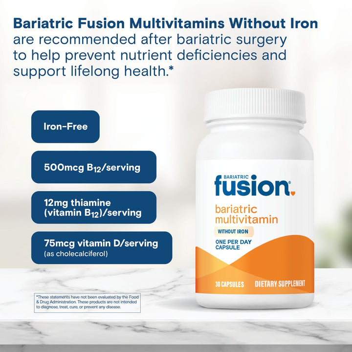 Bariatric Fusion One Per Day Bariatric Multivitamin Capsule Without Iron is recommended after bariatric surgery to help prevent nutrient deficiencies and support lifelong health.*