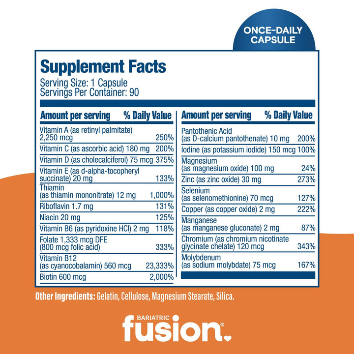 Bariatric Fusion One Per Day Bariatric Multivitamin Capsule Without Iron 90 capsule bottle supplement facts.