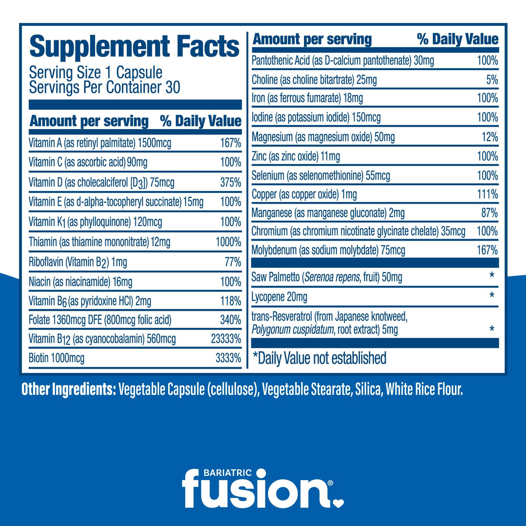 Bariatric Fusion Men’s One Per Day Multivitamin capsules 30 count supplement facts.