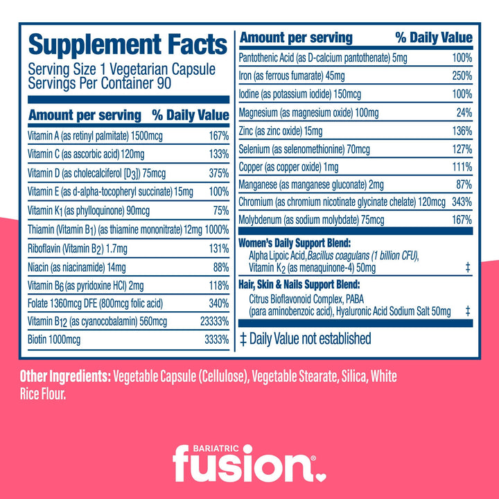 Bariatric Women’s One Per Day Multivitamin 90 capsules supplement facts.