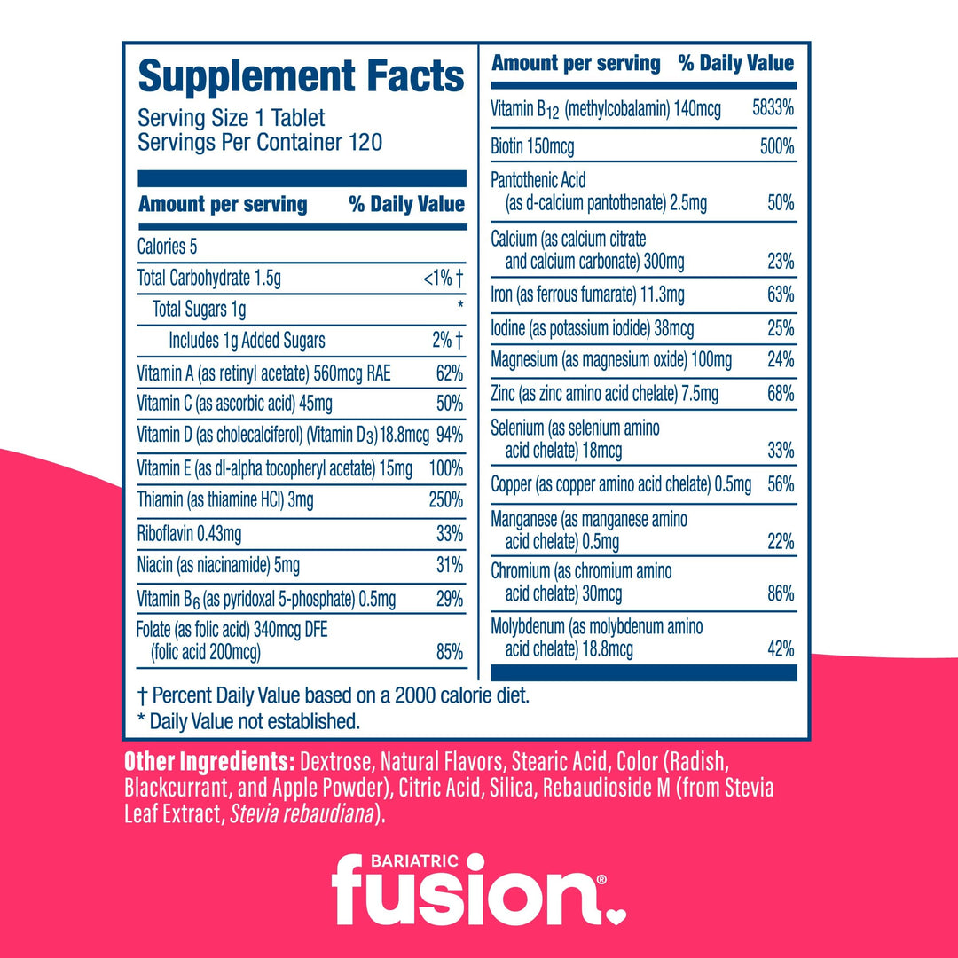 Bariatric Fusion Wild Cherry Complete Chewable Bariatric Multivitamin supplement facts.