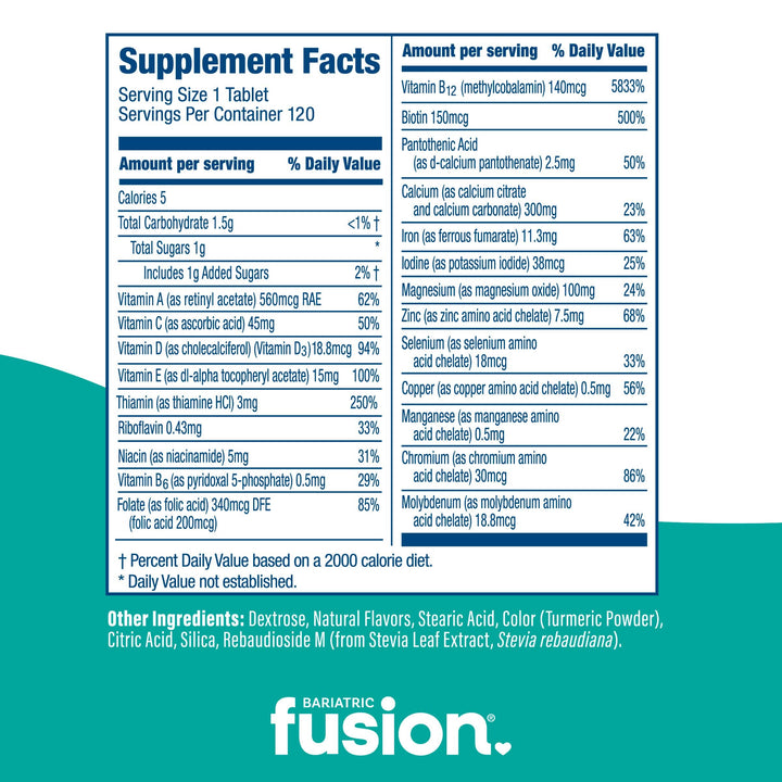 Bariatric Fusion Tropical Complete Chewable Bariatric Multivitamin supplement facts.