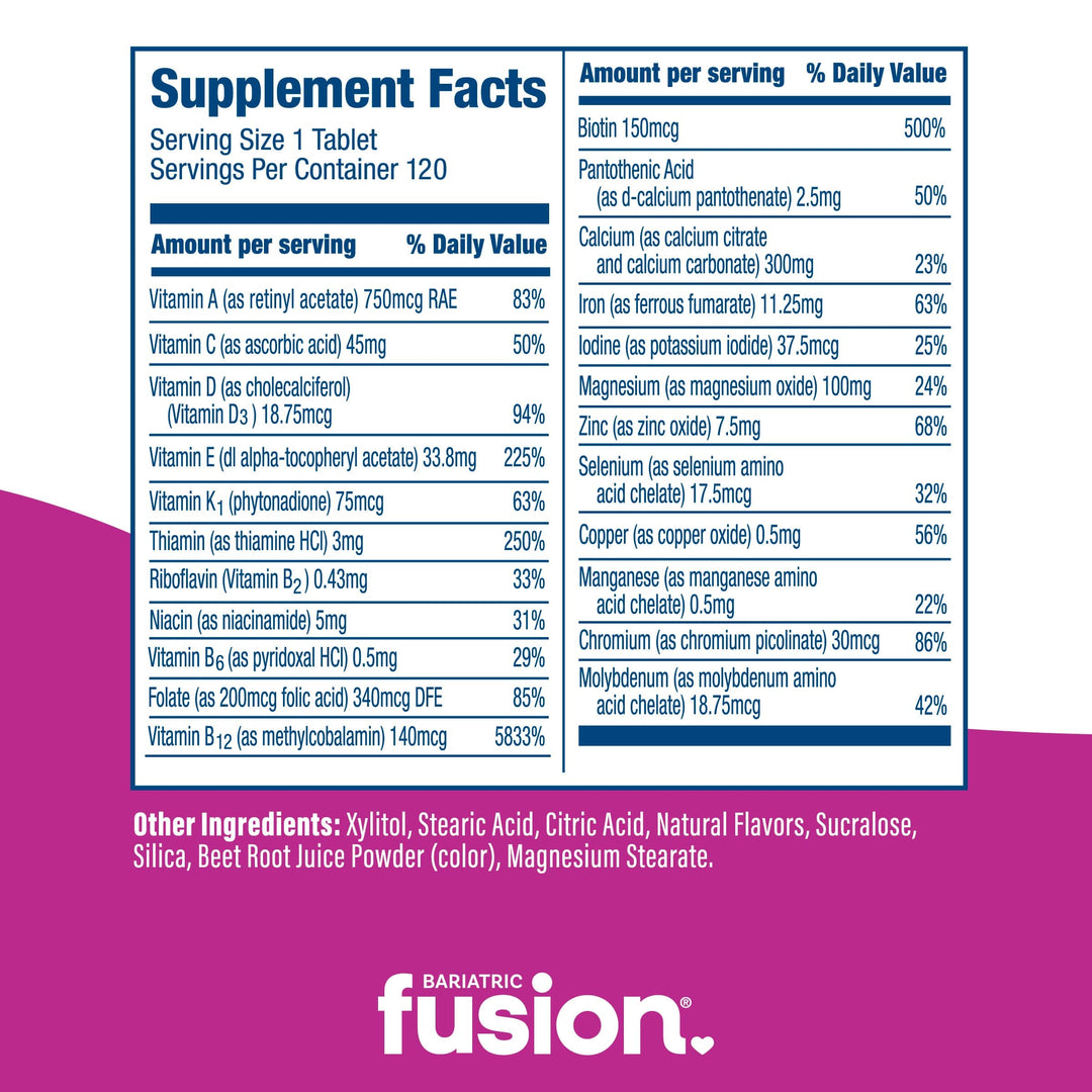 Bariatric Fusion Mixed Berry Complete Chewable Bariatric High ADEK Multivitamin supplement facts.