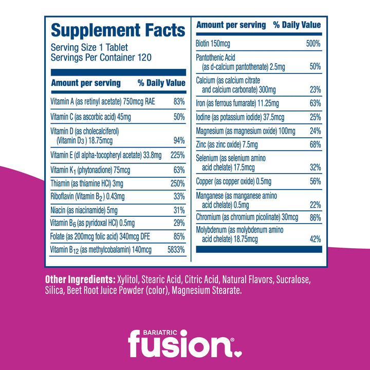 Bariatric Fusion Mixed Berry Complete Chewable Bariatric High ADEK Multivitamin supplement facts.