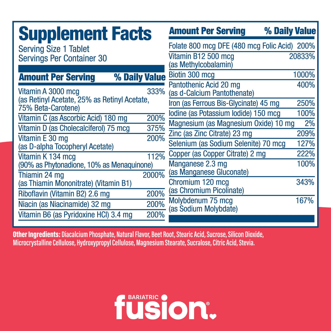 Bariatric Fusion Chewable Multivitamin supplement facts.