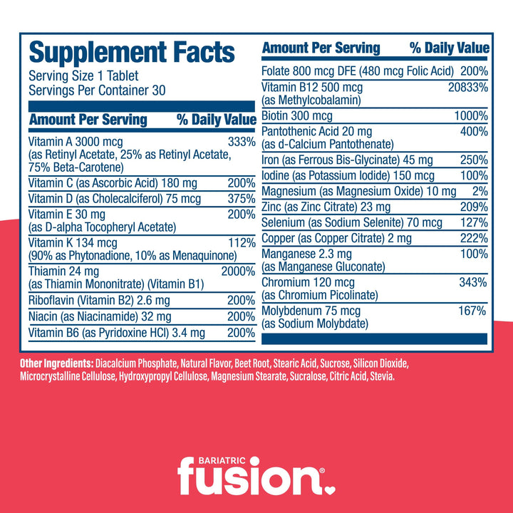 Bariatric Fusion Chewable Multivitamin supplement facts.