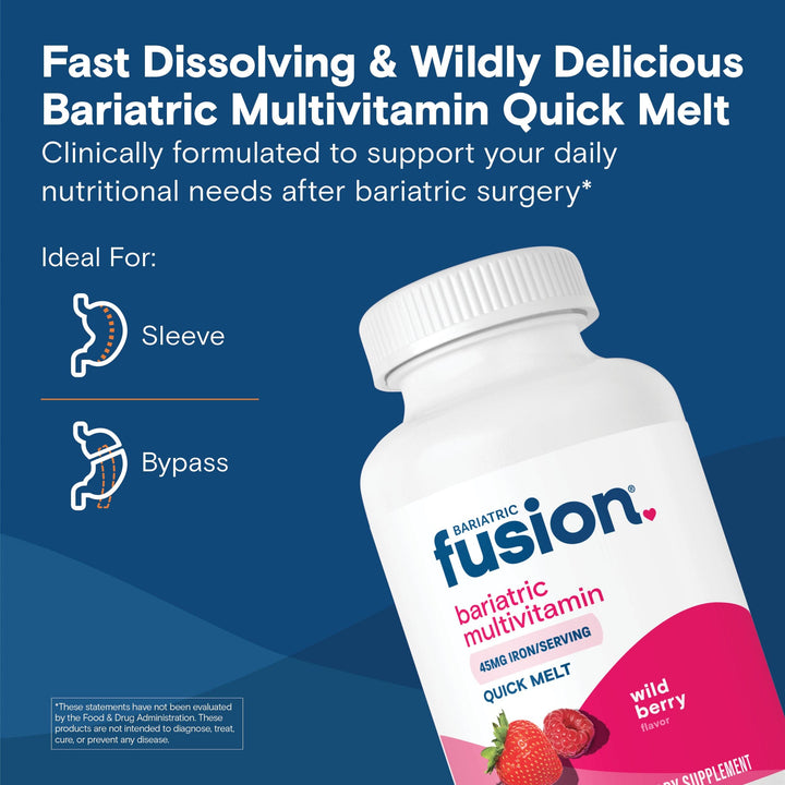 Wild Berry Bariatric Multivitamin with 45mg Iron Quick Melt is fast dissolving and ideal for gastric bypass and sleeve gastrectomy.