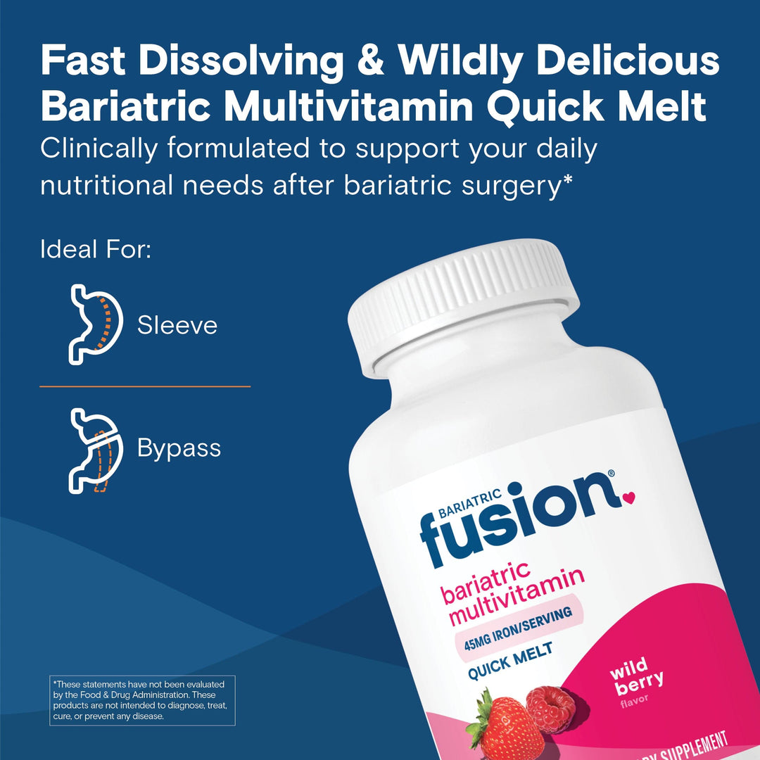 Wild Berry Bariatric Multivitamin with 45mg Iron Quick Melt is fast dissolving and ideal for gastric bypass and sleeve gastrectomy.