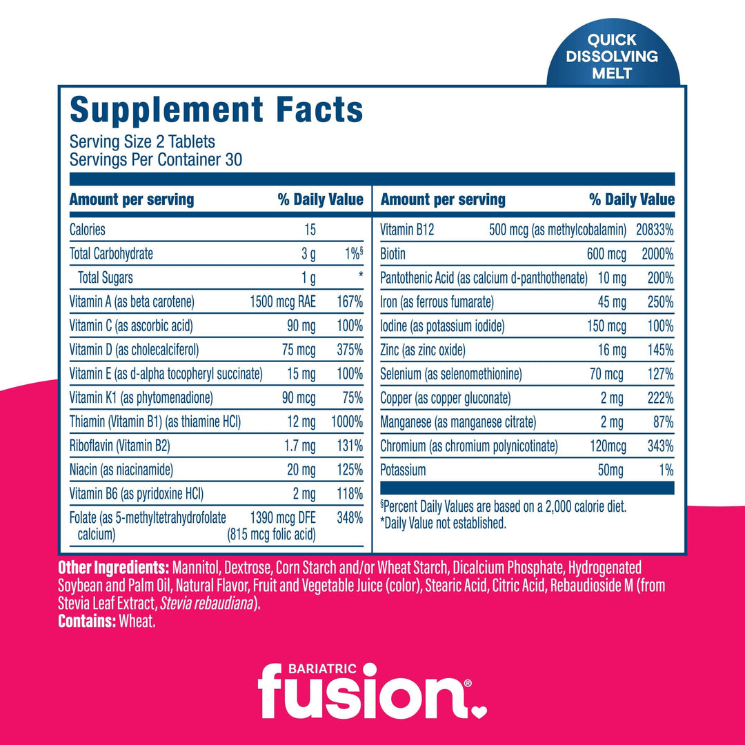Wild Berry Bariatric Multivitamin with 45mg Iron Quick Melt supplement facts.