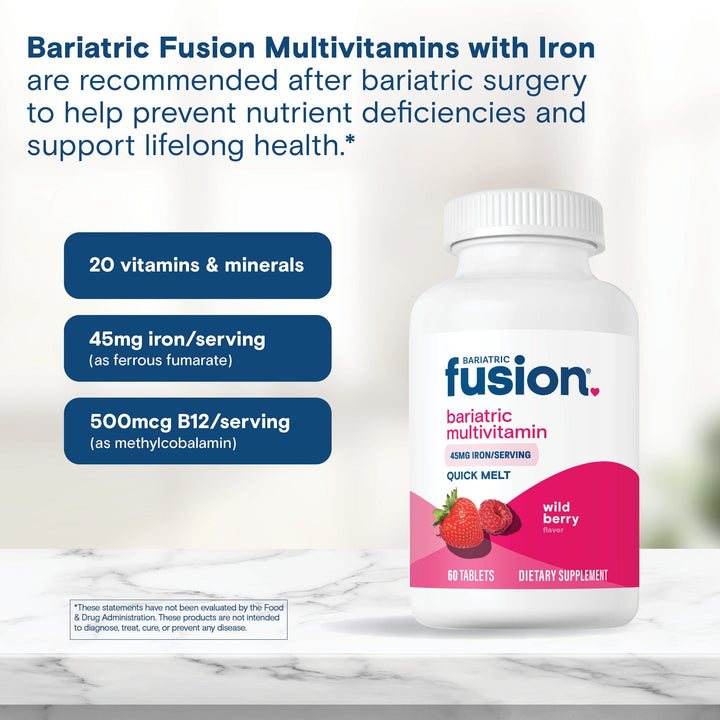 Wild Berry Bariatric Multivitamin with 45mg Iron Quick Melt are recommended after bariatric surgery to help prevent nutrient deficiencies and support lifelong health.*