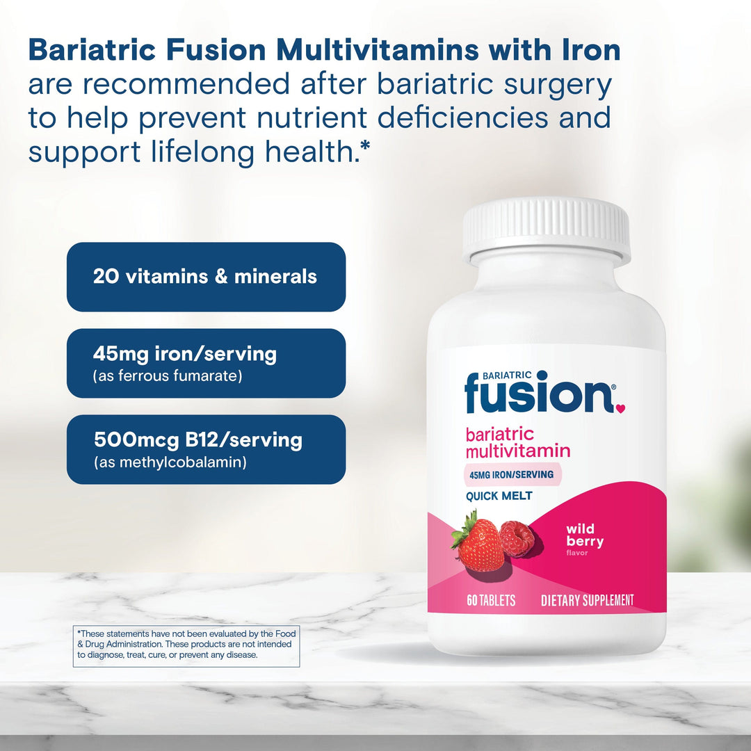 Wild Berry Bariatric Multivitamin with 45mg Iron Quick Melt are recommended after bariatric surgery to help prevent nutrient deficiencies and support lifelong health.*