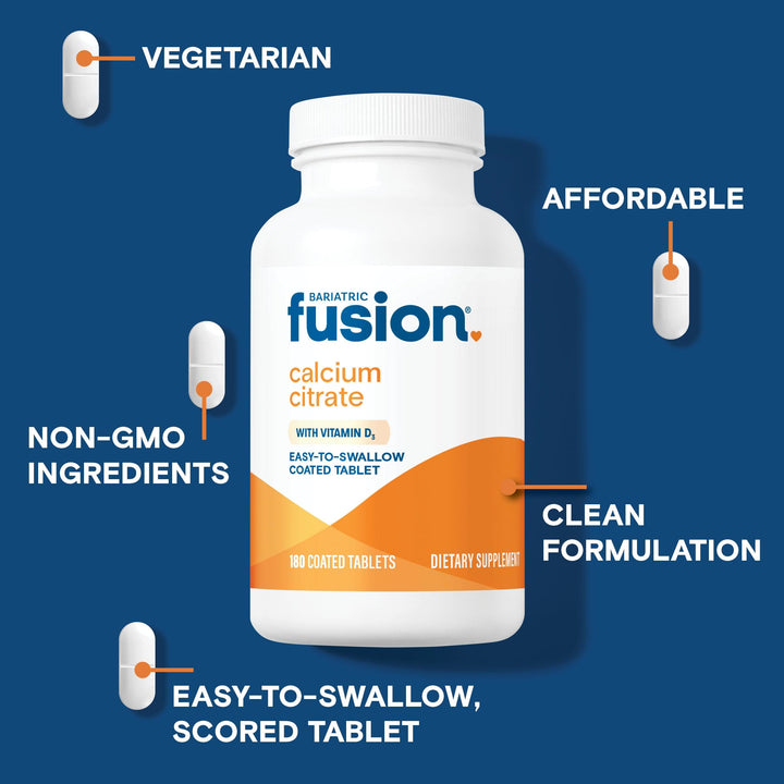 Bariatric Fusion calcium citrate with vitamin D3 is vegetarian, affordable, has non-GMO ingredients, and is in an easy-to-swallow tablet.