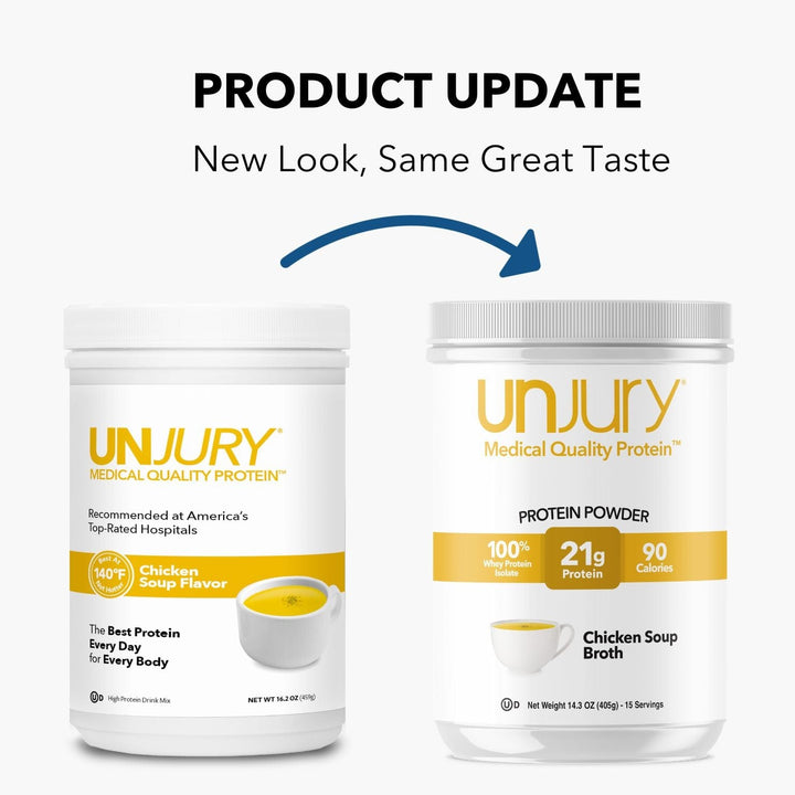 Unjury Chicken Soup High Whey Protein Powder. New Look, same great taste.