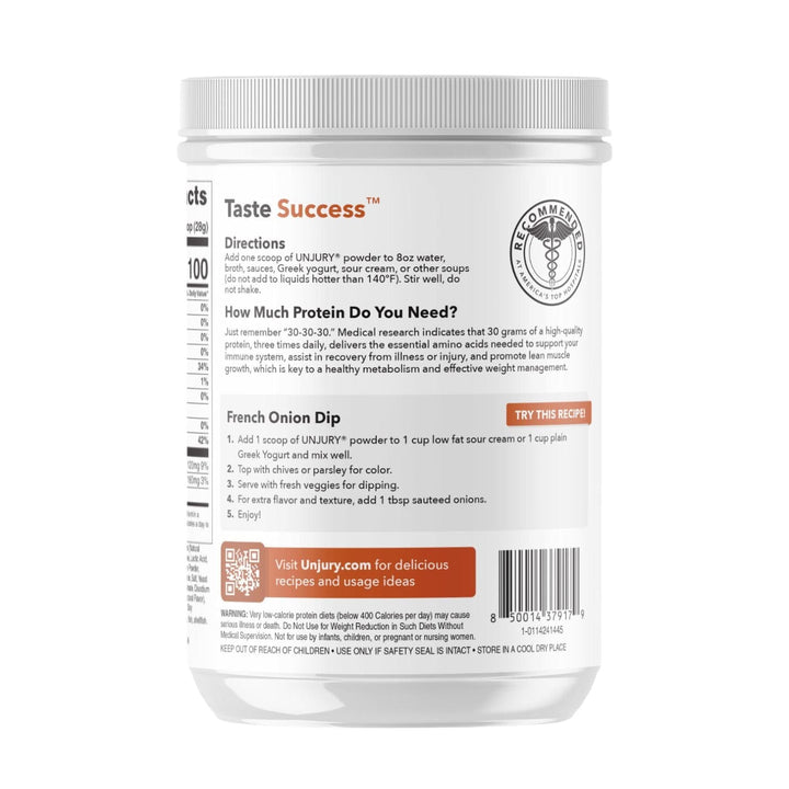 Unjury French Onion Soup High Whey Protein Powder side panel of container.