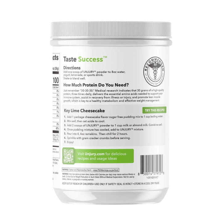 Unjury Lemon Lime High Whey Protein Powder container back with UPC.