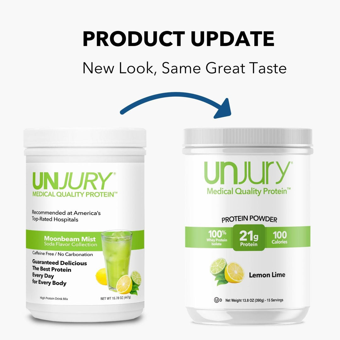 Unjury Moonbeam Mist is now Unjury Lemon Lime High Whey Protein Powder New Look, Same Great Taste.
