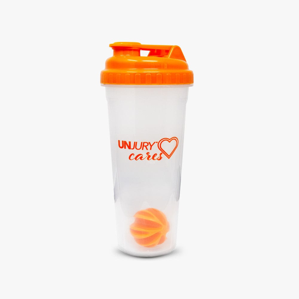 A clear plastic shaker bottle with orange lid and detachable mixer ball, featuring the UNJURY logo.