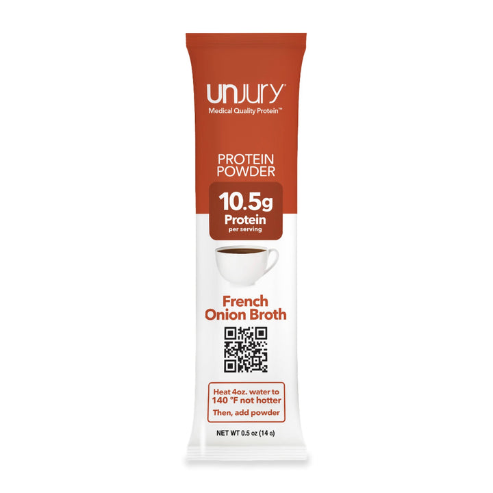 Unjury French Onion Whey Protein Isolate Single-Serve Stick packet.