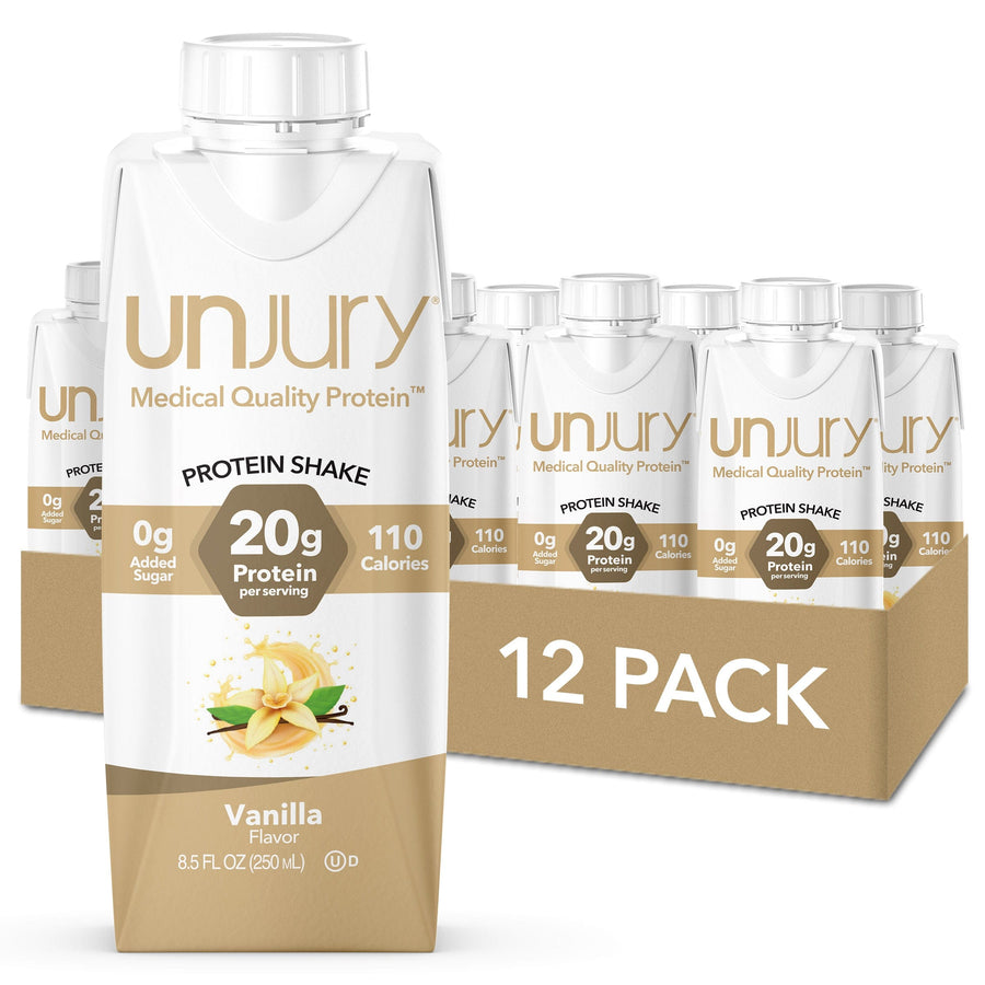 12 Pack of Unjury Vanilla Ready-to-Drink Protein Shakes.