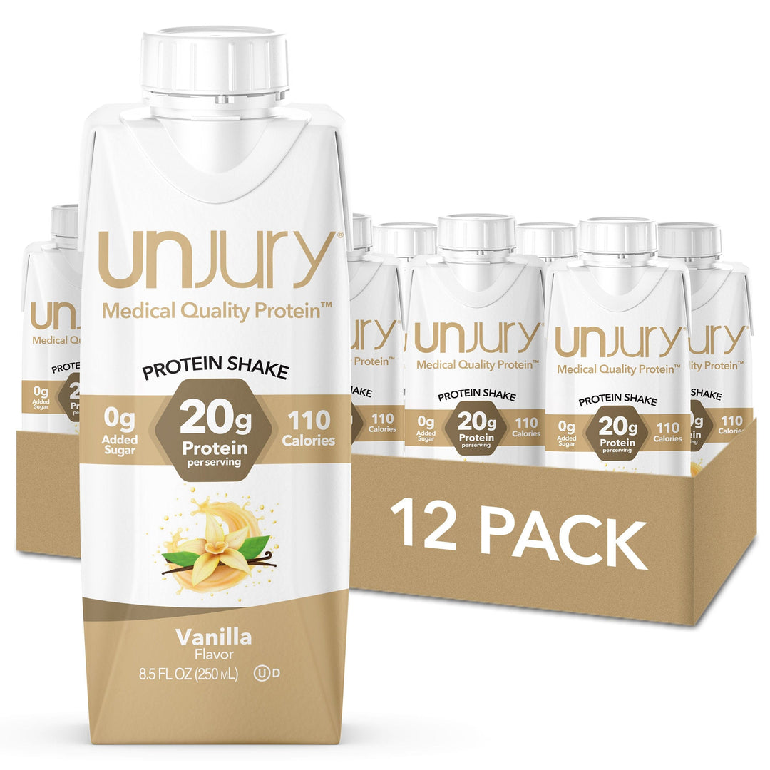 12 Pack of Unjury Vanilla Ready-to-Drink Protein Shakes.