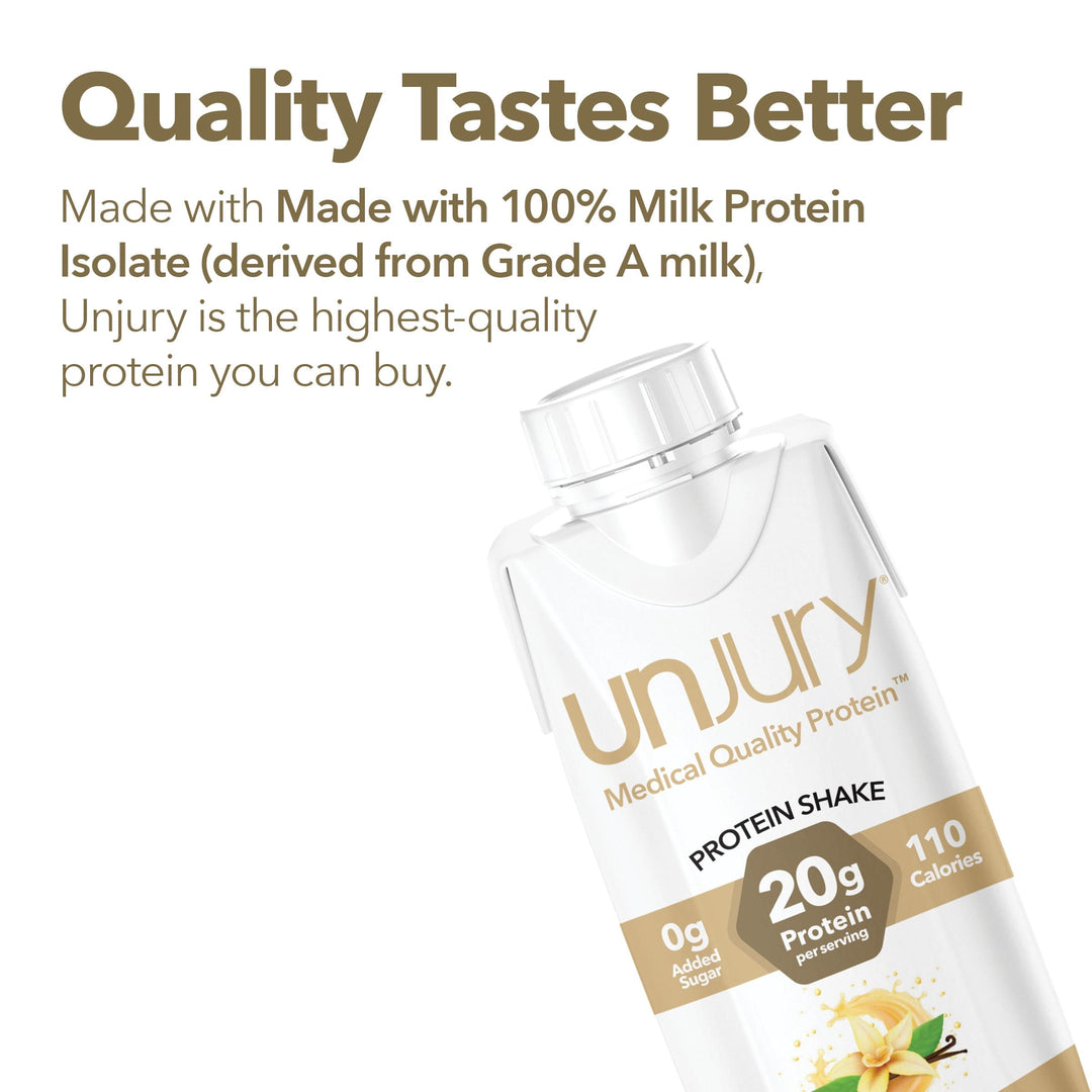 Unjury Vanilla ready-to-drink protein shakes are made with 100% milk protein isolate. Unjury is the highest-quality protein you can buy.