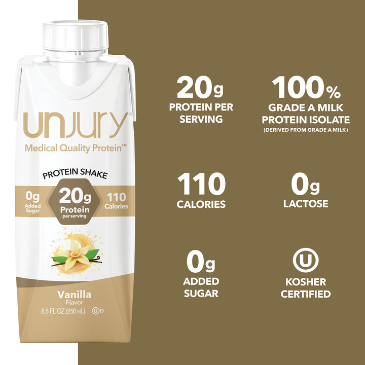 Unjury Vanilla ready-to-drink protein shakes include 20 grams of protein, are 100 calories and have 0 grams of added sugar. 