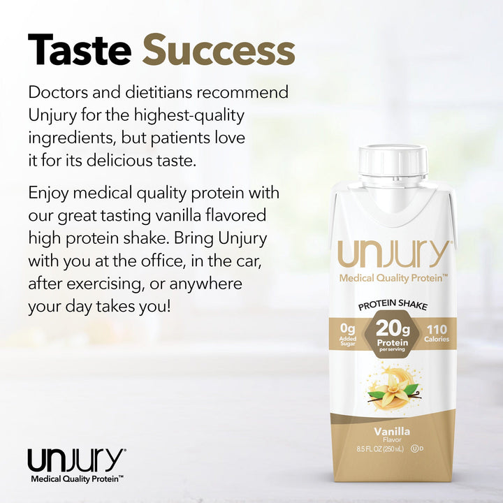 Unjury protein shake packaging with text about taste and quality