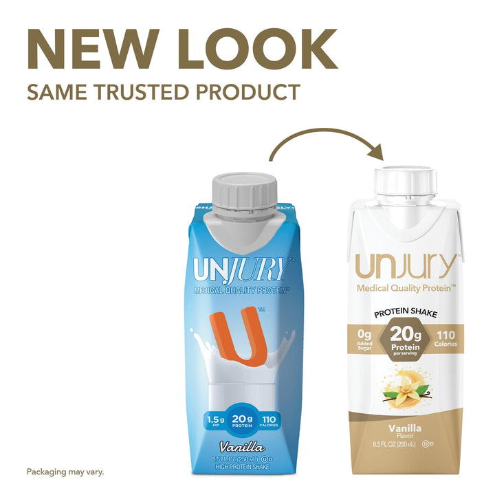 Unjury Vanilla ready-to-drink protein shakes new look, same trusted product.
