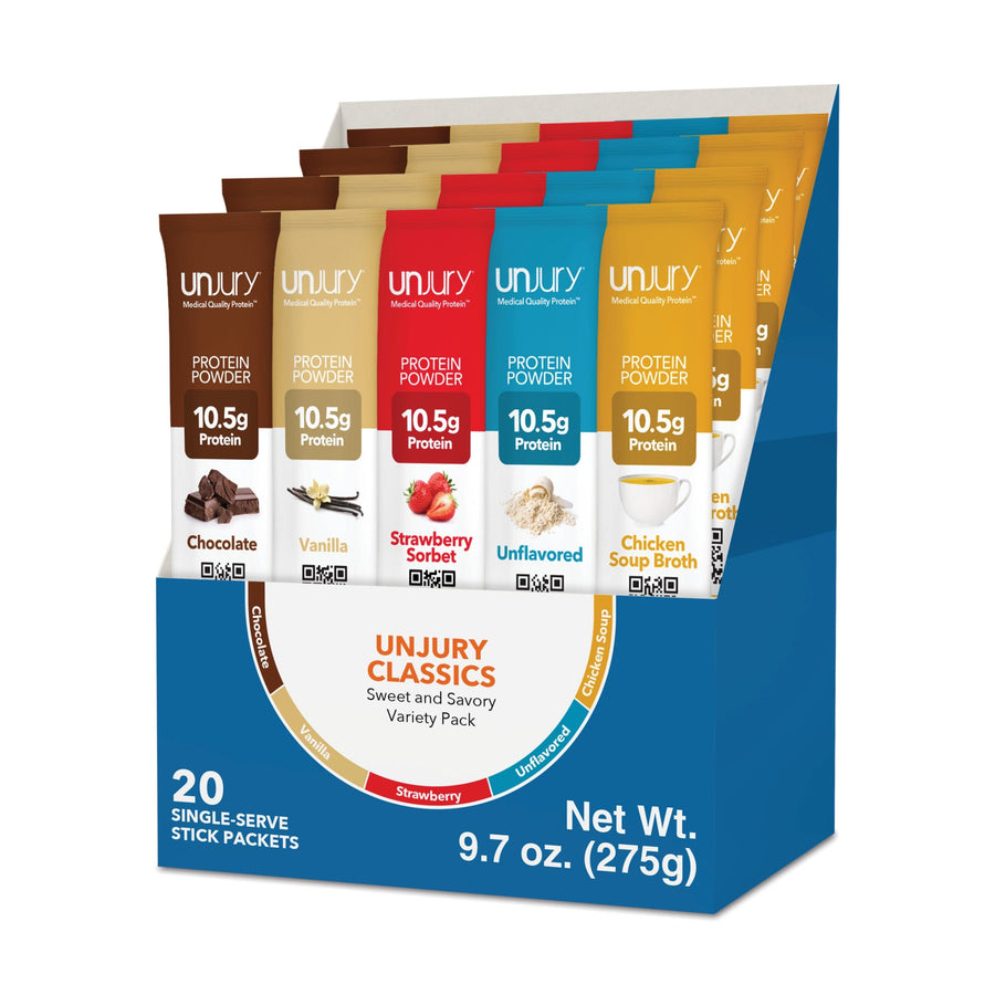 Unjury Variety Pack Single-Serve Whey Protein Isolate Stick Packets.