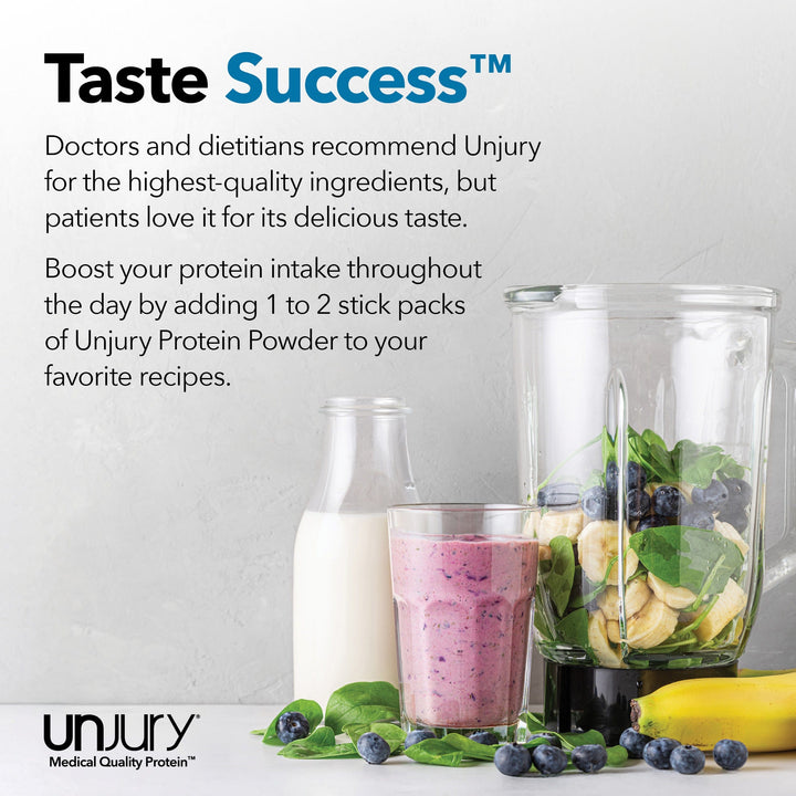 Doctors and dietitians recommend Unjury for the highest-quality ingredients, but patients love it for its delicious taste. Try the variety single-serve protein stick packets in your favorite recipes.