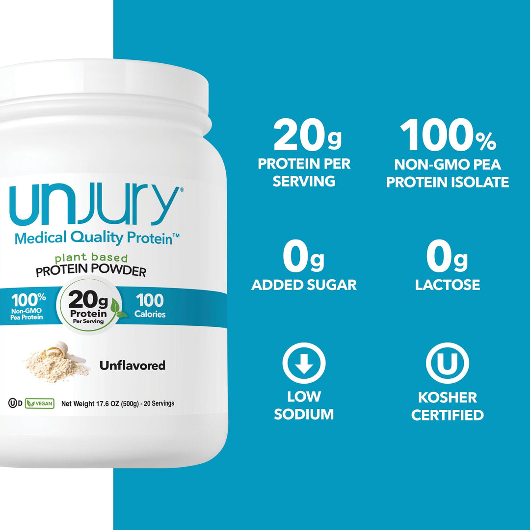 Unjury Unflavored plant-based vegan protein powder 100% non-gmo pea protein, 20g protein per serving, 0g of lactose, low sugar and low sodium.