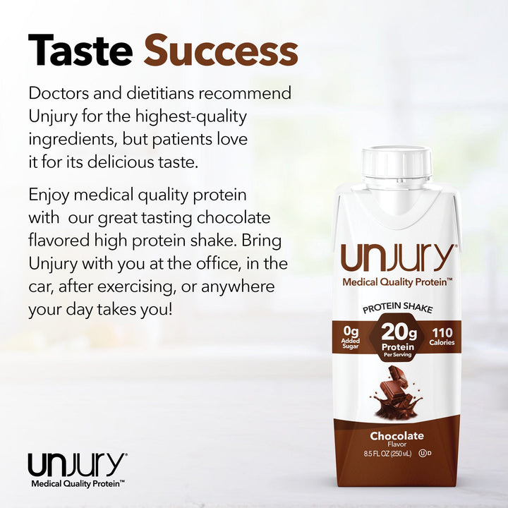Unjury protein shake packaging with text about taste and quality