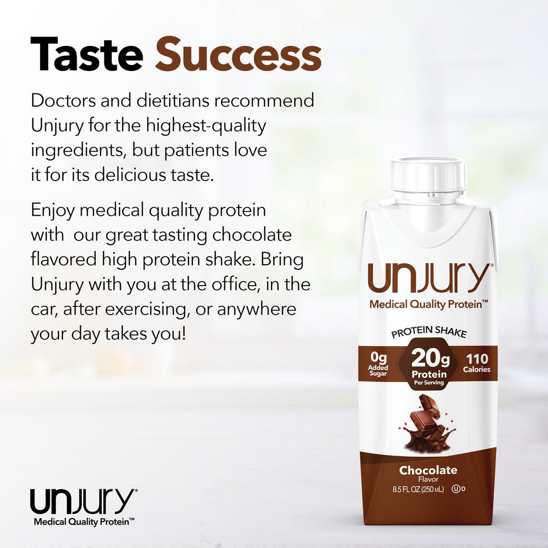 Unjury protein shake packaging with text about taste and quality