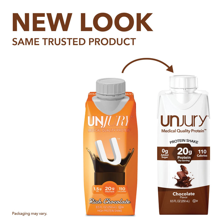 Unjury Chocolate Ready-to-Drink Protein Shake. New look, same trusted product.