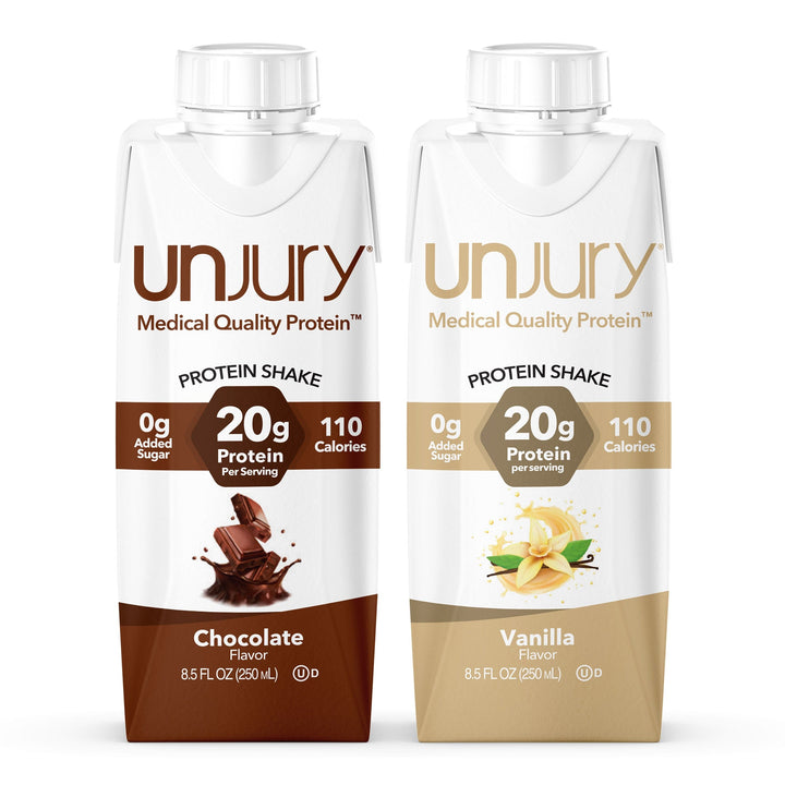 Two Unjury protein shake packages, one chocolate and one vanilla, on a white background.