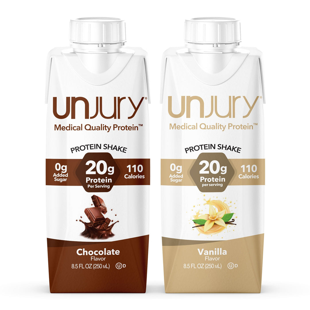 Two Unjury protein shake packages, one chocolate and one vanilla, on a white background.