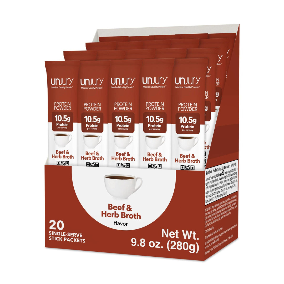 Unjury Beef & Herb Single-Serve Whey Protein Isolate Stick Packets.