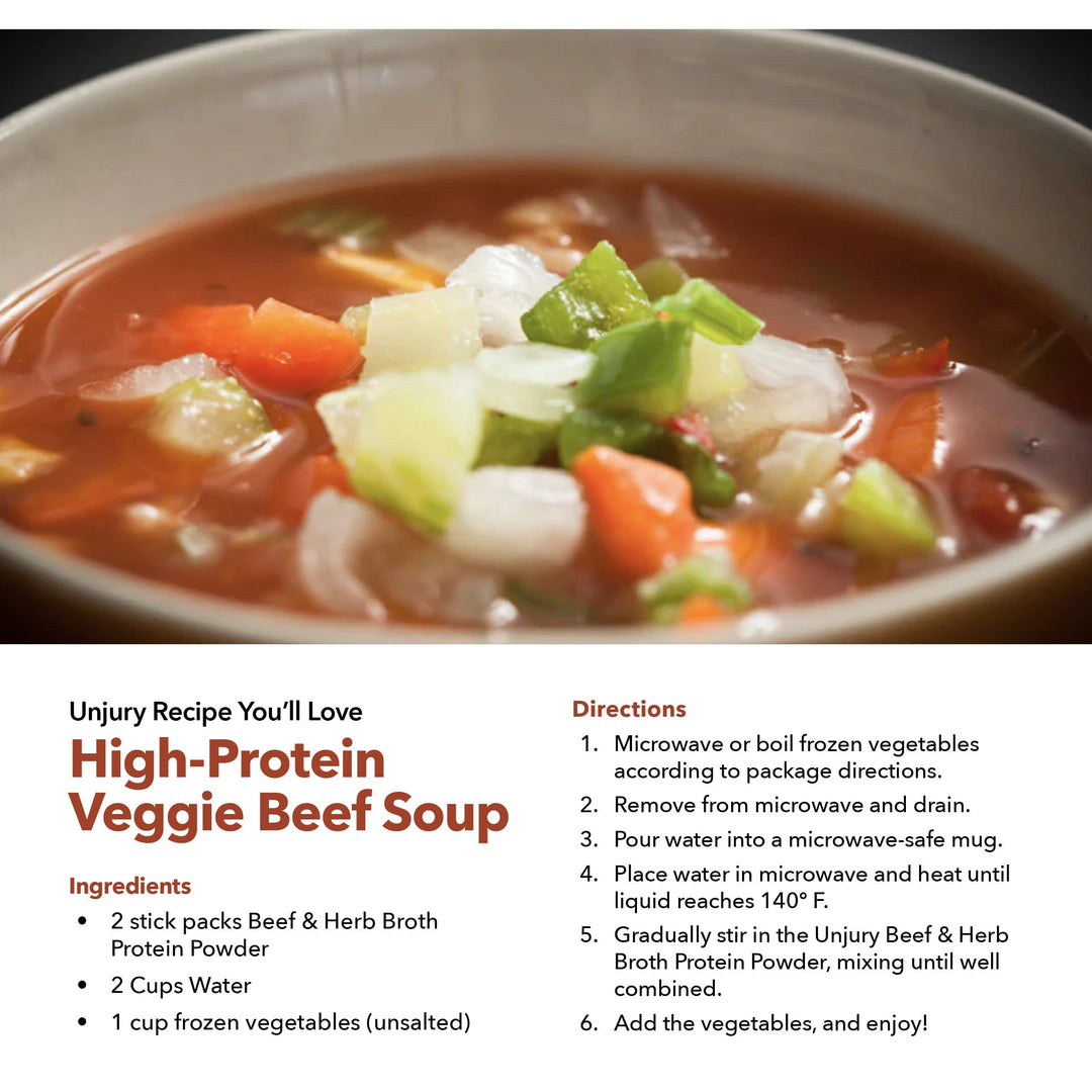 Unjury Beef & Herb Protein Powder Single Serve Stick Packs High-Protein Veggie Beef Soup recipe.