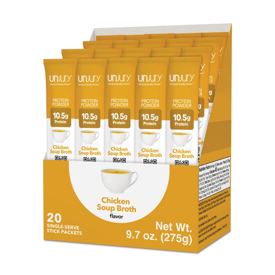 Unjury Chicken Soup Whey Protein Isolate Single-Serve Stick Pack Box of 20.