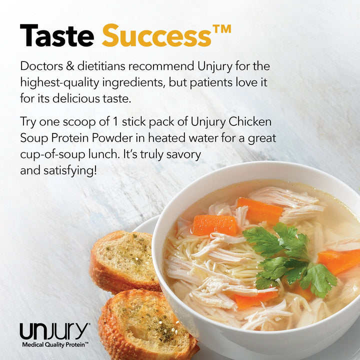 Doctors and dietitians recommend Unjury for the highest-quality ingredients, but patients love it for its delicious taste. Try Unjury Chicken Soup  single-serve protein stick packs protein powder in heated water, sour cream or yogurt.