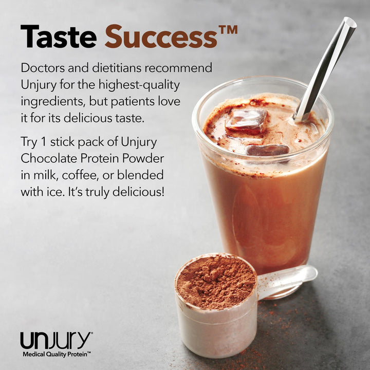 Doctors and dietitians recommend Unjury for the highest-quality ingredients, but patients love it for its delicious taste. Try Unjury Chocolate single-serve protein stick packs in cold water, milk, or blended with ice.