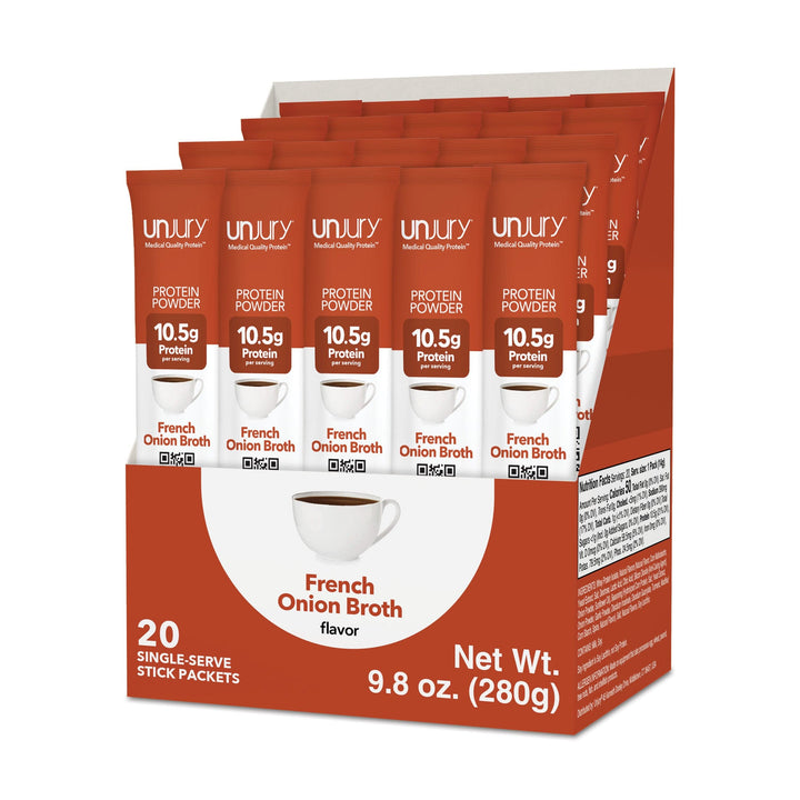 Unjury French Onion Whey Protein Isolate Single-Serve Stick Pack Box of 20.
