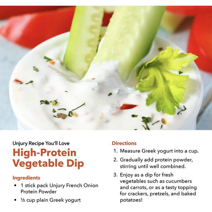 Unjury French Onion Whey Protein Isolate High Protein Vegetable Dip recipe.