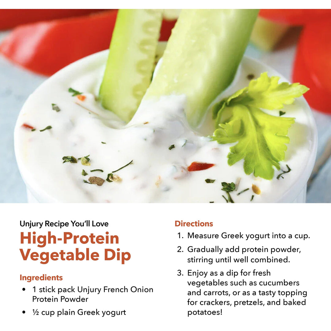 Unjury French Onion Whey Protein Isolate High Protein Vegetable Dip recipe.