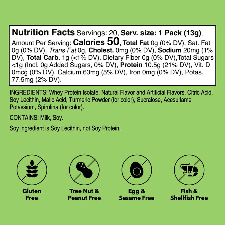 Unjury Lemon Lime Whey Protein Single-Serve Stick Pack Box of 20 nutrition facts.